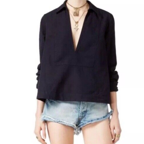 Free People Navy Blue linen Cotton Shirt  oversized size S “ready or not” top - Picture 2 of 7